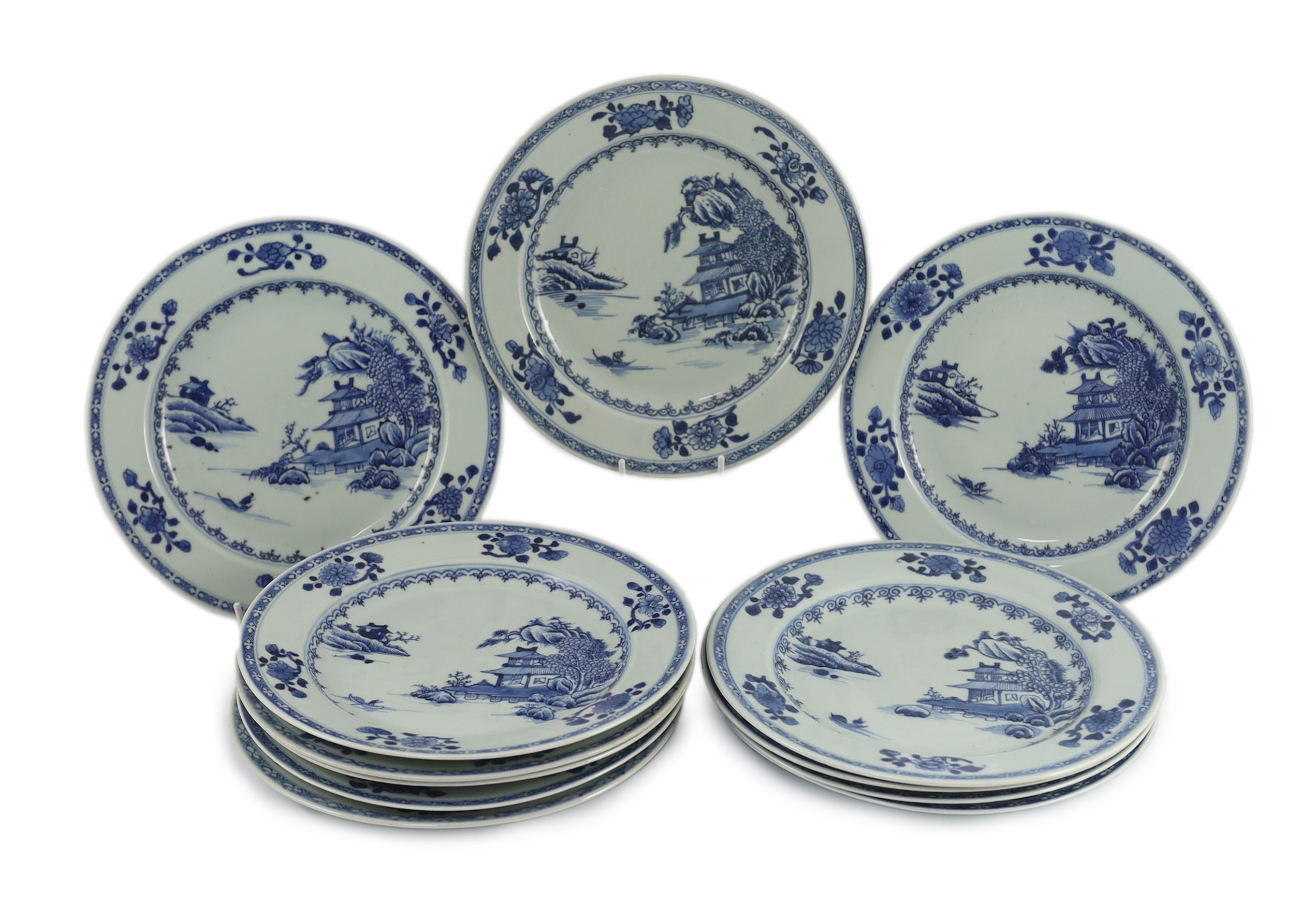 Twelve Chinese blue and white ‘Boatman and Six flower border’ plates, Nanking Cargo, c.1750